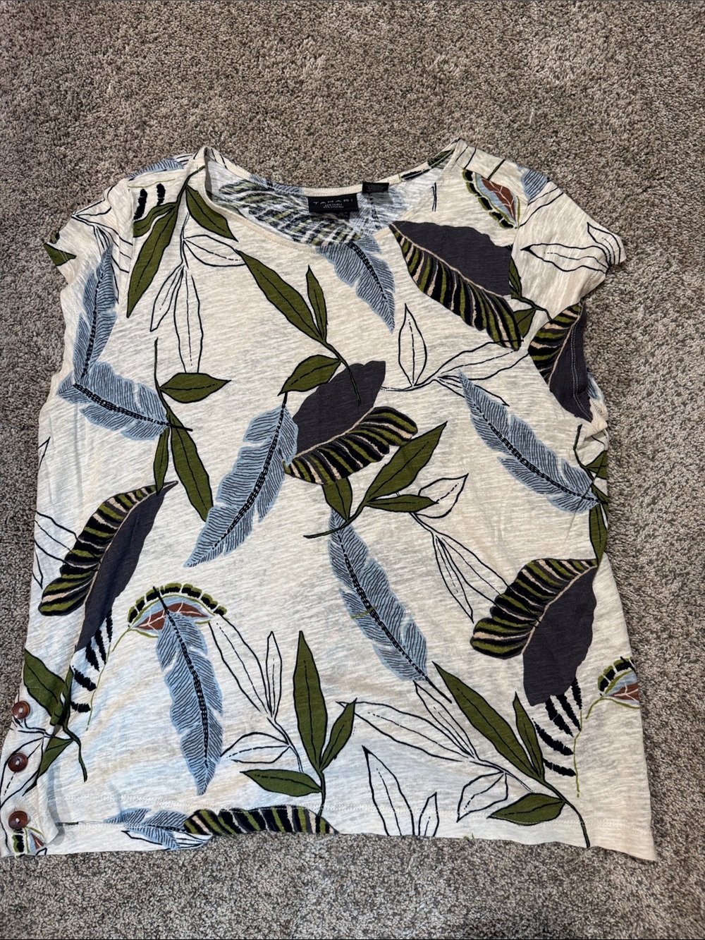 Tahari Cream Short-Sleeve Tee with Green and Blue Leaf Print